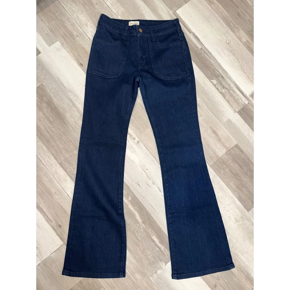 Pilcro Flare Jeans Women 31 Dark Navy Patch Pocket High Rise Stretch Denim